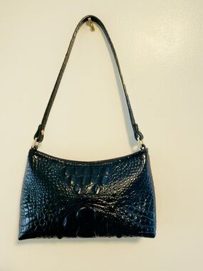 Brahmin Anytime Mini Black Croc Embossed Leather Baguette Shoulder Bag